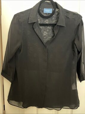 Simply Vera Vera Wang Black Sheer Collared Button-Front Blouse with Lace Back